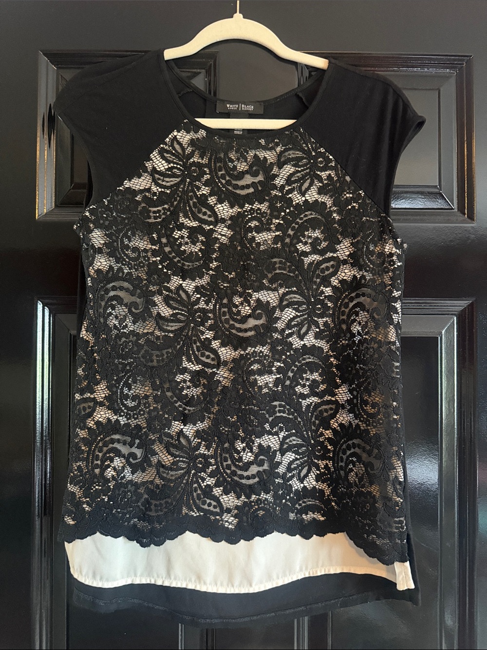 White House Black Market Black Lace Overlay Blouse with Cream Underlayer